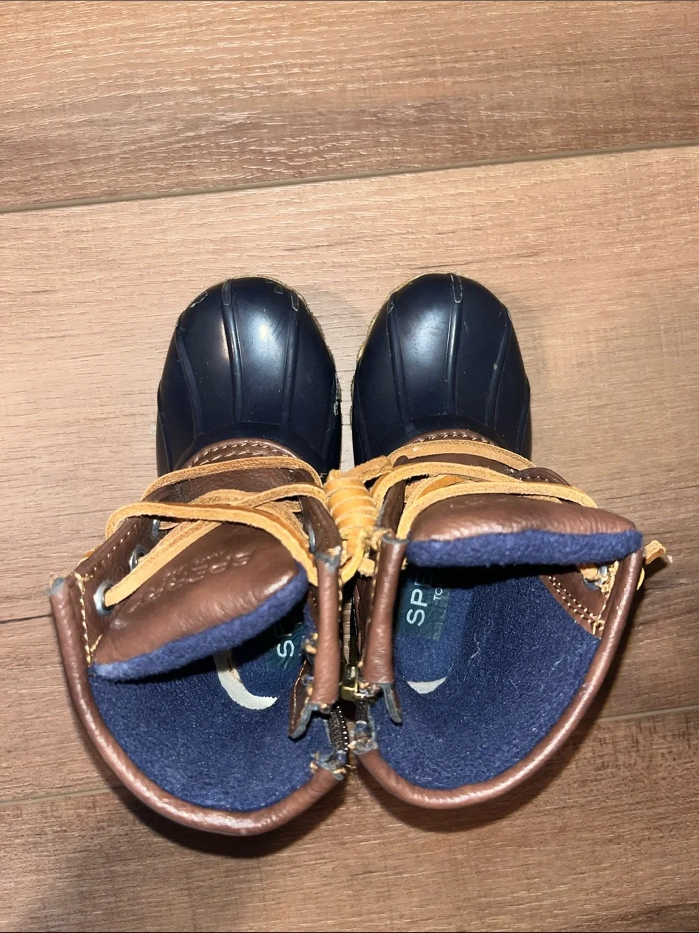 Kids Sperry Brown and Navy Winter Duck Boots - Classic Waterproof Design